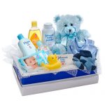 Blue box of boy baby items