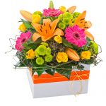 Box of bright, colourful flowers